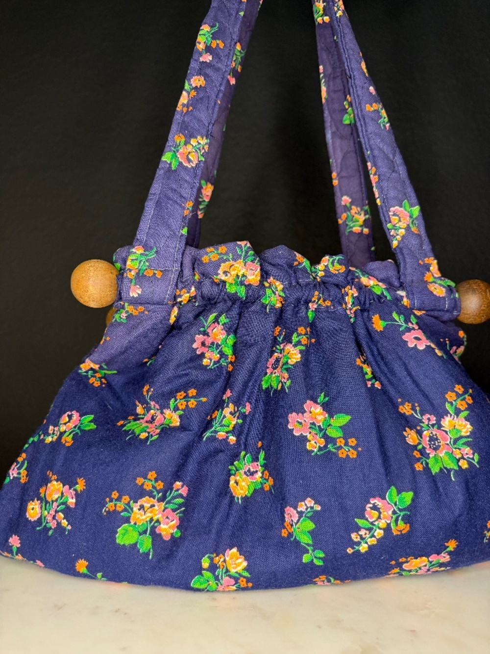 Vintage Style‎ Quilted Floral Fabric Pouch Handbag with Wooden Bead Accents